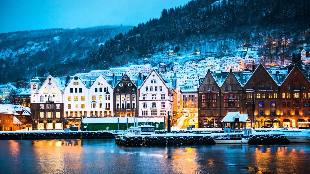 Bergen waterfront Bryggen houses in winter